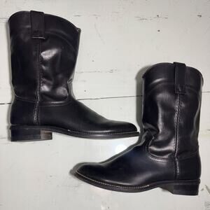 Vintage 90s Justin Black Leather Roper Cowboy Boots Made in USA Western 1990s